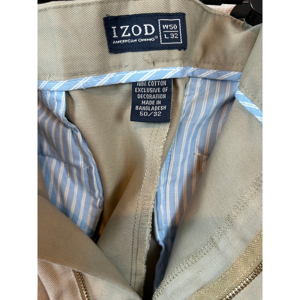 IZOD American Chino Mens Khaki Pants 50x32 Beige Cotton Twill Straight Leg Flat